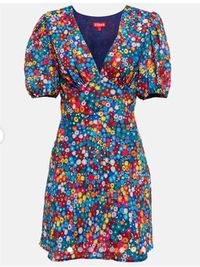 STAUD Multicolor Floral V-Neck Puff-Sleeve Mini Dress
